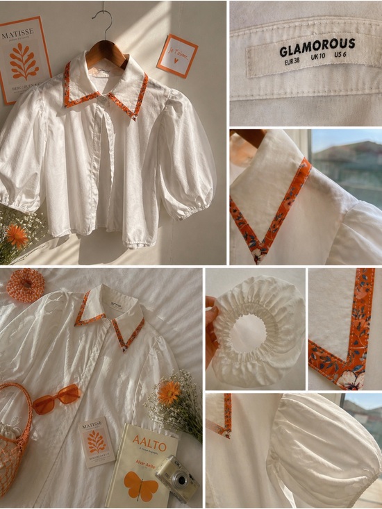 Glamorous Tops - Glamorous White Puff Sleeve Blouse w/ Orange Floral Collar Size US